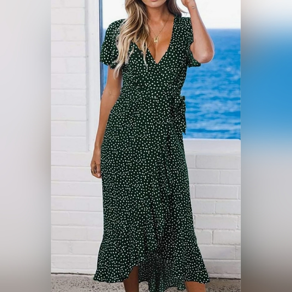 NWT Zesica Brand Elegant Green Polka Dot Wrap Midi Dress Size XL - Picture 2 of 8